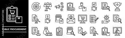 Public Procurement icon collection set. Containing design tender, bidding, contract, supplier, invoice, procurement