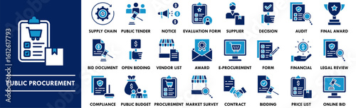 Public Procurement icon collection set. Containing design tender, bidding, contract, supplier, invoice, procurement