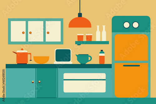Retro kitchen scene with cabinets refrigerator and countertop appliances