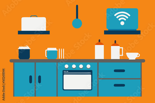 Modern kitchen counter with appliances and wifi symbol on laptop