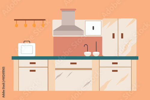 Modern kitchen interior with cabinets sink and appliances in a flat design style