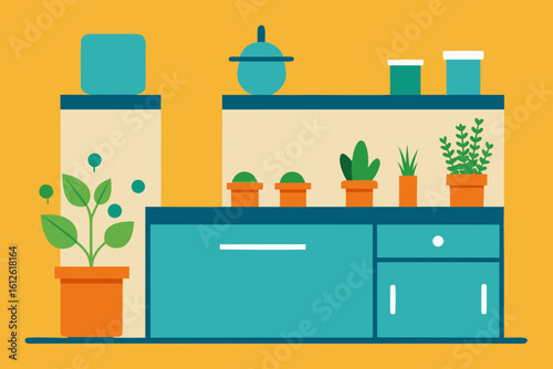 Modern flat design illustration of a kitchen counter with potted plants and storage