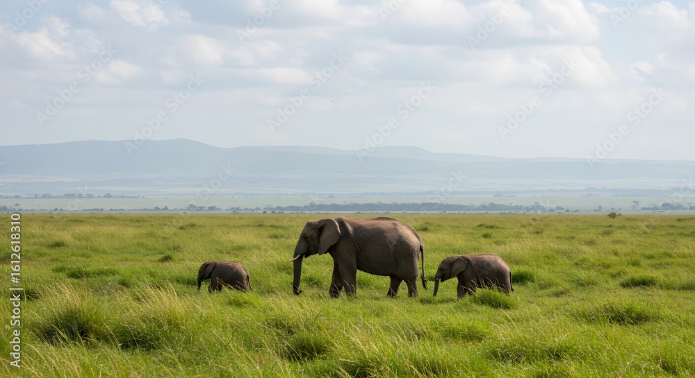 Fototapeta premium Asian Elephant Family in Grassy Clearing, Photorealistic Wide-Angle Wildlife Photograph, Adult with Juvenile Elephants and Baby Calf, Lush Green Grass and Reddish-Brown Dust, Dense Tropical Forest wit