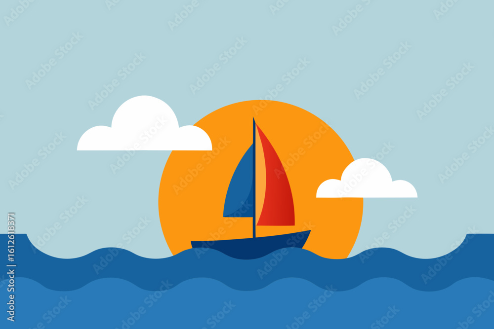 Naklejka premium Sailboat on blue ocean waves with a bright orange sun and white clouds