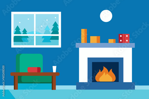 Wallpaper Mural Cozy winter living room scene with a fireplace and snowy window view Torontodigital.ca