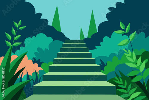 Green staircase leading up through lush foliage and trees under a blue sky