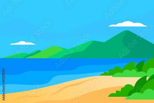 Vibrant flat illustration of a tropical beach with green mountains and blue ocean