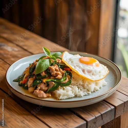 Krapow Gai with Fried Egg. Spicy stir-fried chicken with holy basil and chili, served over steamed jasmine rice and topped with a crispy fried egg. Classic Thai street food dish.