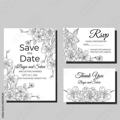 set of wedding cards with orchid floral elements