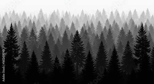 Dense Forest Silhouette with Foggy Monochrome Background