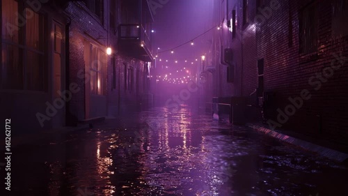 Rainy night in a narrow city alley, purple and pink neon lights reflecting on wet pavement. Brick buildings and string lights create a moody atmosphere. 