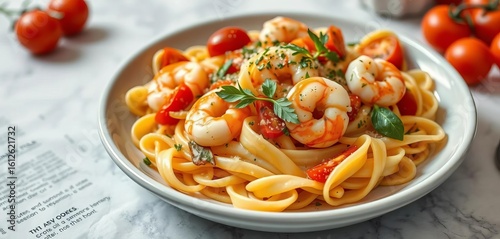 Pappardelle pasta tossed with succulent shrimp, vibrant tomatoes, and fragrant herbs, pappardelle, herbs