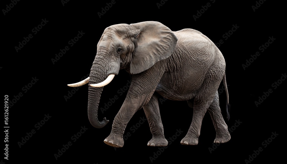 Fototapeta premium A large, grey elephant strides forward against a black background