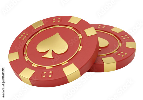 Two red and gold casino poker chips featuring a golden spade symbol isolated on transparent background