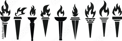 Torch Icons Collection –  Stylized Black Silhouettes of Flaming Torches with Unique Flame and Handle Designs on White Background
