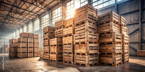 A stack of old wooden crates stacked on top of each other in a dusty warehouse
