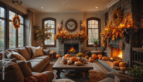 A cozy and warmly lit living room decorated for Thanksgiving celebration