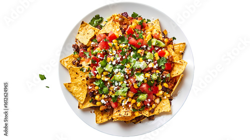 A top down view of a plate of nachos with cheese, corn, cilantro, isolated on white background