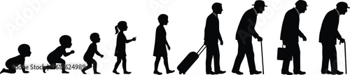 Cad drawing flat vector illustration of human life stages, silhouette design, aging process, growth journey, black white minimal evolution artwork