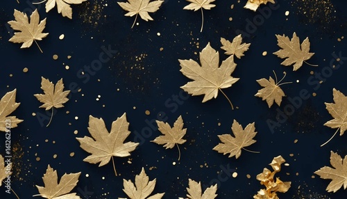 Elegant autumn flat lay with metallic golden maple leaves and sparkling confetti on a rich dark blue background. Luxurious seasonal top view concept.
