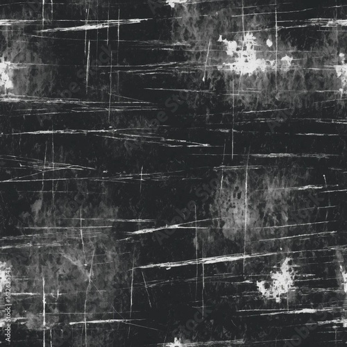 Monochrome grunge texture with white horizontal scratches and distressed marks on a dark black background, an abstract weathered surface pattern.