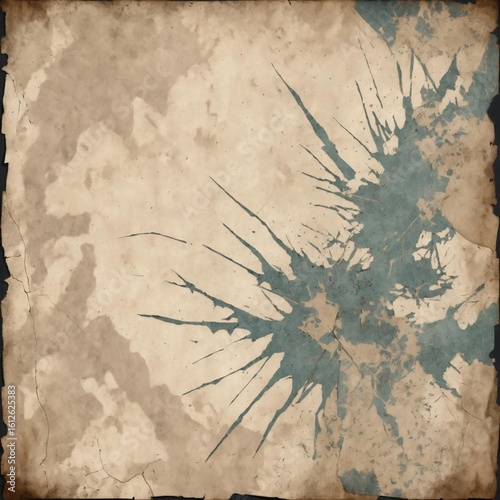 Antique parchment paper background with a large blue ink splatter. Grunge texture with old, stained, and weathered details on the surface.