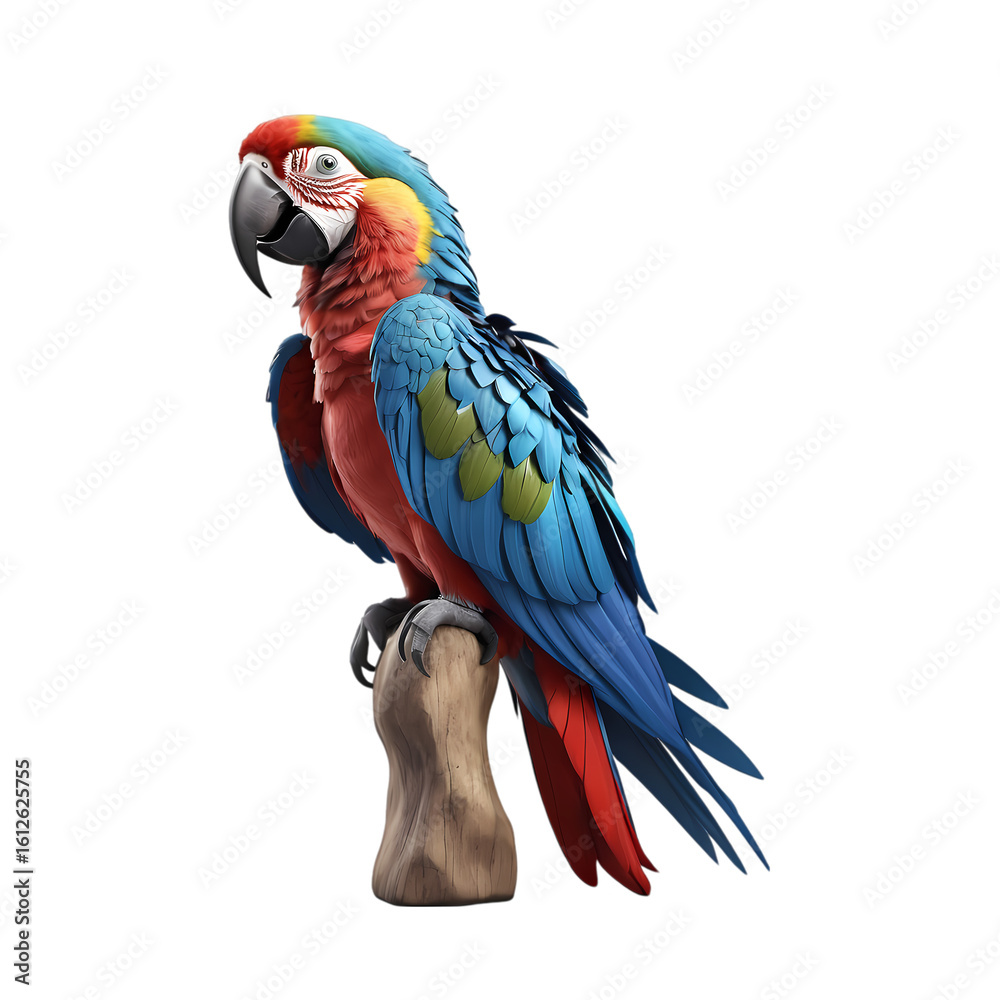 Fototapeta premium High-resolution 3D rendered image of a vibrant macaw parrot perched on a wooden branch. Presented in PNG format with transparent background, ideal for use in educational materials, wildlife-themed des