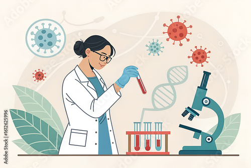 Scientist in lab coat examining test tube with viruses and dna helix in background with microscope and plants