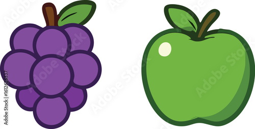 Cartoon illustration of a purple grape bunch and a green apple.