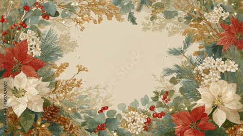 Festive Botanical Wreath: A decorative wreath of colorful flowers and foliage in holiday colors creates a captivating display of seasonal elegance and natural charm.