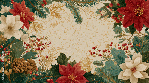 Holiday Floral Frame: A vibrant floral frame composed of poinsettias, evergreen foliage, and berries, embodies holiday spirit with seasonal charm and festive warmth.