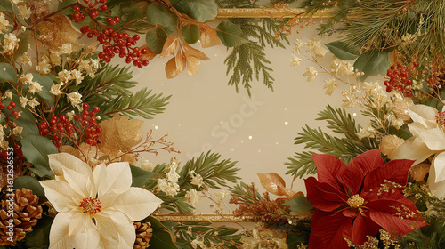 Christmas Floral Arrangement: A festive and seasonal Christmas still life, featuring poinsettias, evergreen sprigs, berries, and other floral elements.