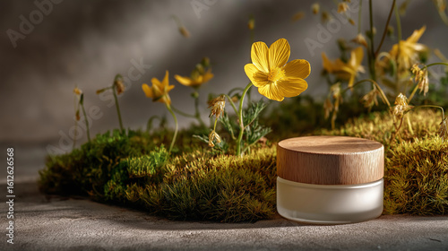 Elegance of Natural Skincare: A minimalist composition showcasing a skincare jar nestled among vibrant yellow wildflowers and lush green moss, bathed in soft, diffused light.