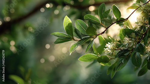 Branch Harmony: A close-up shot captures a tree branch, lush green leaves reaching towards sunlight, with soft focus and gentle bokeh in the background, revealing nature's tranquil beauty.