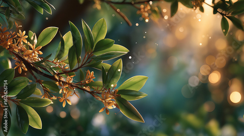 Lush Branch with Golden Blooms: Close-up of a tree branch laden with fresh green leaves and delicate golden flowers, illuminated by the soft, warm glow of sunlight.