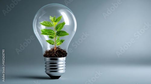 A light bulb encasing a small plant symbolizes innovation and sustainability in a modern, minimalistic design.