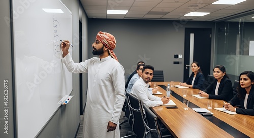 A diverse team listens attentively as a man in traditional Middle Eastern attire leads a whiteboard presentation during a business meeting.