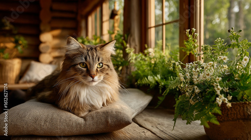 Cozy Companion: A serene cat lounges on a comfortable cushion, enjoying the natural light streaming through a window. A picturesque scene showcasing domestic tranquility.