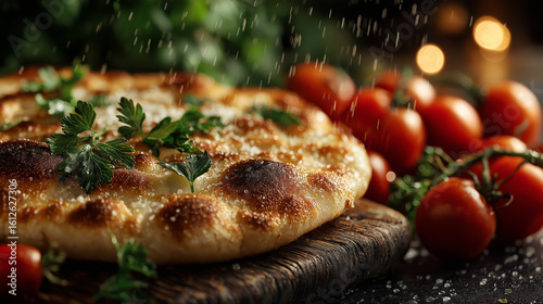 Culinary Delight: A close-up shot of a freshly baked flatbread with sprinkling herbs, complemented by ripe red tomatoes and fresh greenery