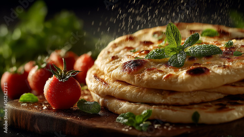 Fresh Naan with Tomato: A stack of freshly baked naan bread, garnished with fresh herbs, alongside a selection of vibrant tomatoes, a culinary delight