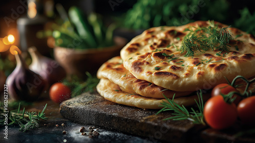 Artisan Flatbread: A close-up of meticulously crafted flatbreads, artfully arranged on a wooden surface, adorned with herbs and spices, with other ingredients creating a rustic ambiance.