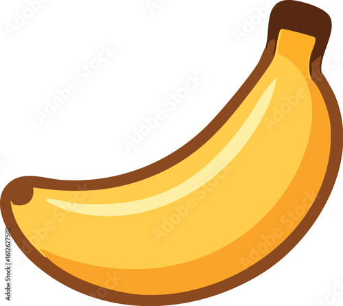 A single, ripe, yellow banana with brown outline, isolated on white background.