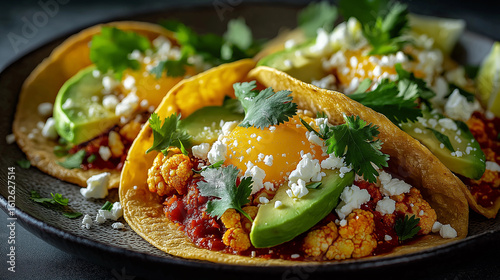 Delicious Tacos: A close-up shot showcases three vibrant tacos, each filled with an enticing combination of ingredients, promising a flavorful culinary experience.