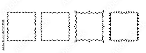 Hand drawn wavy square frame set. Black curly ribbon border collection. Vector doodled lace cadre frames. Curved squiggly border pack for invitation, wedding party, birthday, greeting design