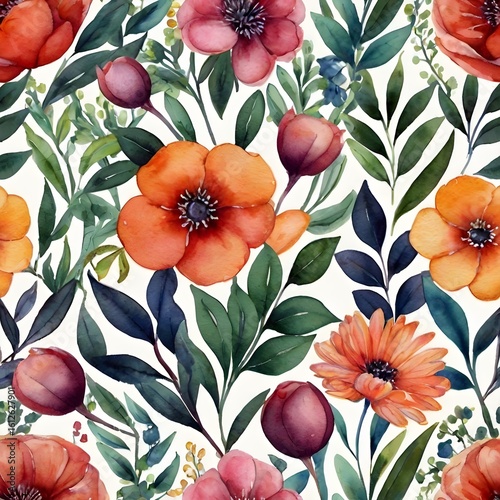 Watercolor floral seamless pattern, isolated colorful illustration, hand painting print with abstract flowers, leaves and plants, design texture.