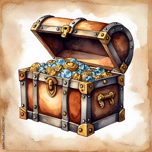 Treasure chest, isolated watercolor illustration, hand-drawn decoration element for your design, cartoon print.