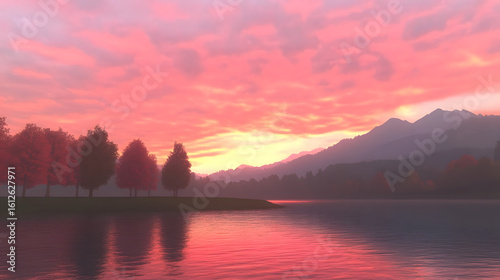 Pink Hued Sunset Over Calm Lake Reflecting Mountains and Silhouetted Trees