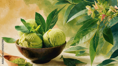 Matcha Green Tea Delight: Delight in a close-up shot of creamy matcha green tea ice cream scoops. Adorned with vibrant green leaves and a spoonful of matcha powder.