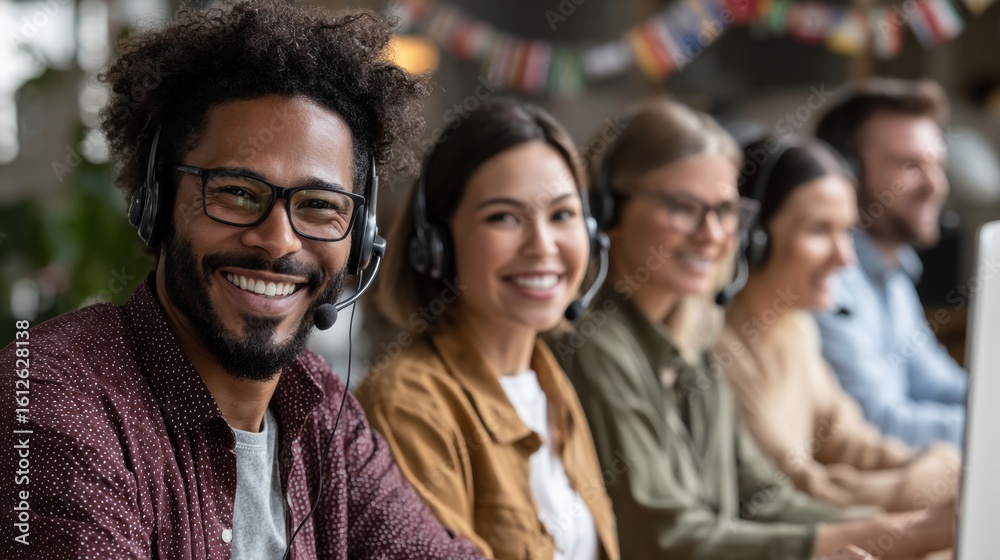 Obraz premium Smiling diverse team members in headsets working together in a modern office environment, exemplifying teamwork and collaboration.