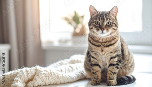 Tabby cat sits on table, a cream-colored knit blanket nearby, sunlit room